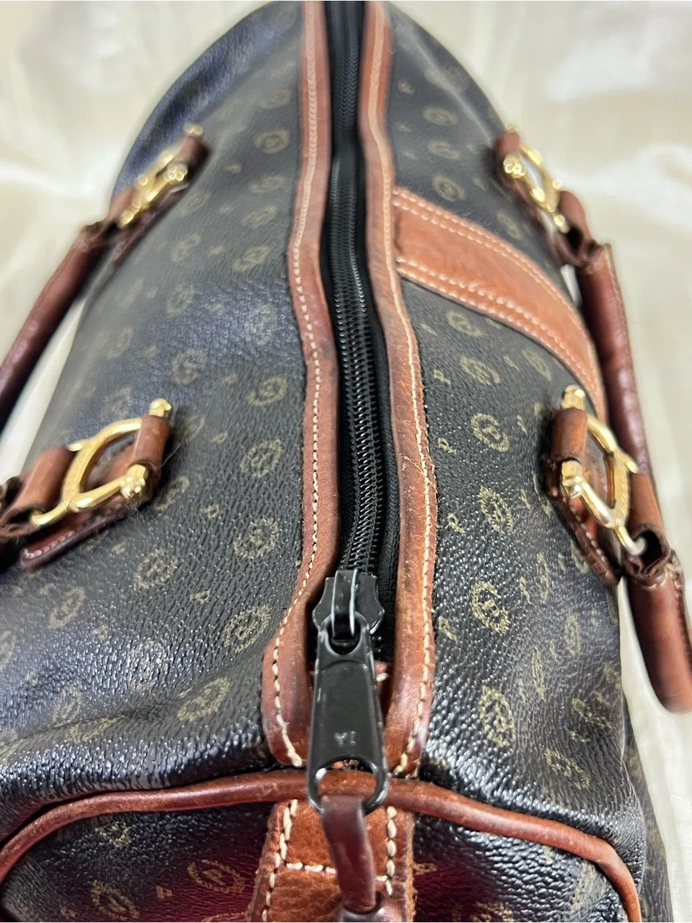 Vintage Pollini Italy Monogram Bowler Satchel Bag Brown Leather Trim Purse